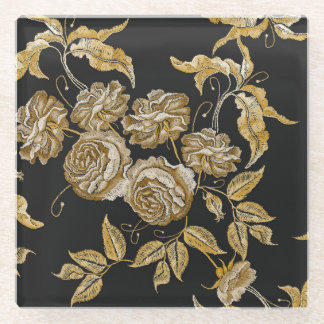 Golden Roses: Vintage Embroidery Pattern Glass Coaster