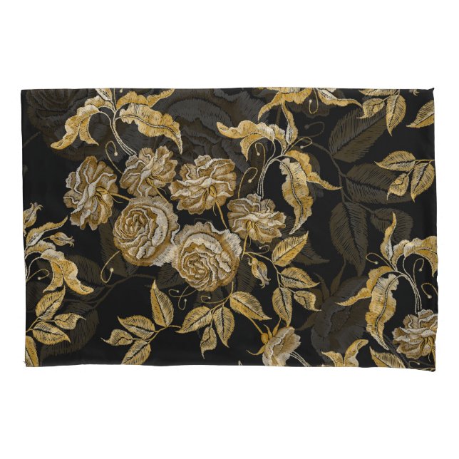 Golden Roses: Vintage Embroidery Pattern Pillowcase (Front)