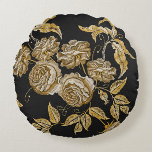 Golden Roses: Vintage Embroidery Pattern Round Pillow