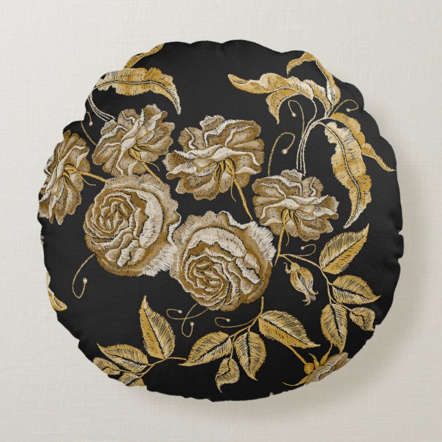 Golden Roses: Vintage Embroidery Pattern Round Pillow (Front)