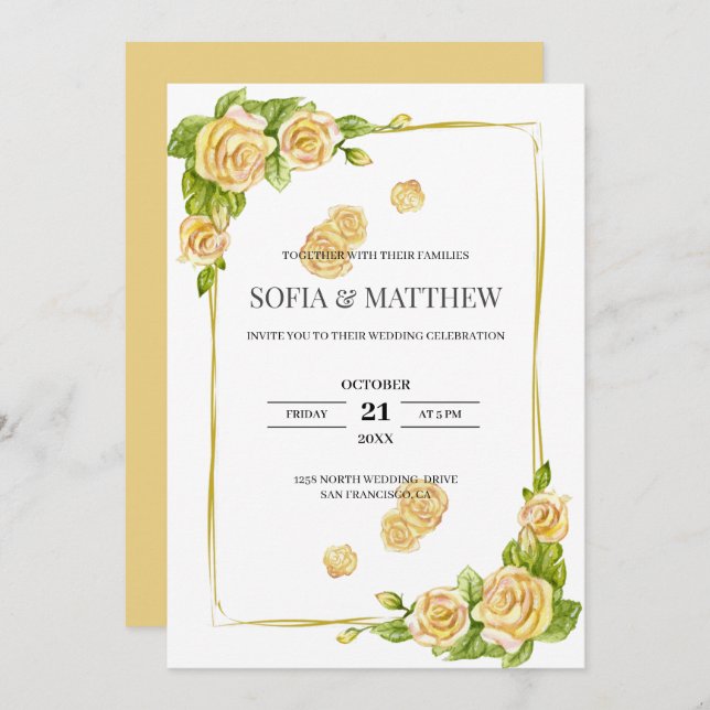 Golden Roses Wedding Invitation (Front/Back)