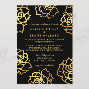 Golden Roses Wedding Invitation - Black