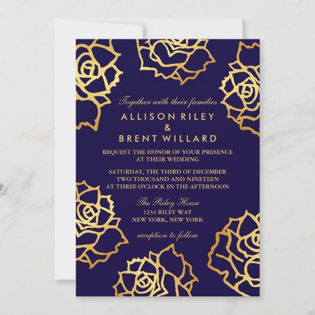 Golden Roses Wedding Invitation - Blue (Front)