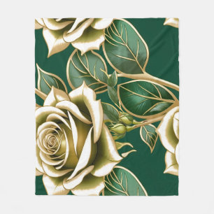 Golden Roses With Emerald Green Leaves Fleece Blanket