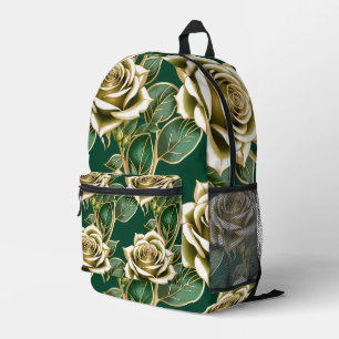 Golden Roses With Emerald Green Leaves Printed Backpack
