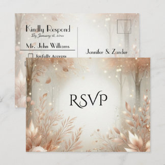Golden Rosewood Enchanted Forest Wedding RSVP Invitation Postcard