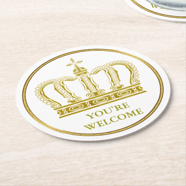 Golden Royal Crown + your backgr. & ideas Round Paper Coaster (Angled)