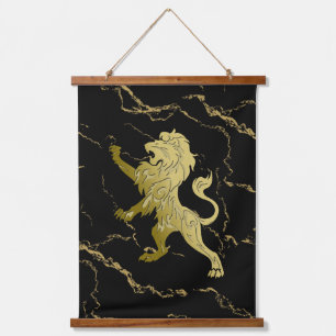 Golden Royal Lion Black Marble Hanging Tapestry