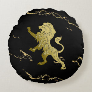Golden Royal Lion Black Marble Round Pillow