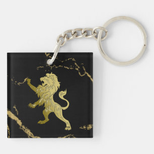 Golden Royal Lion on Black and Gold Marble Keychain