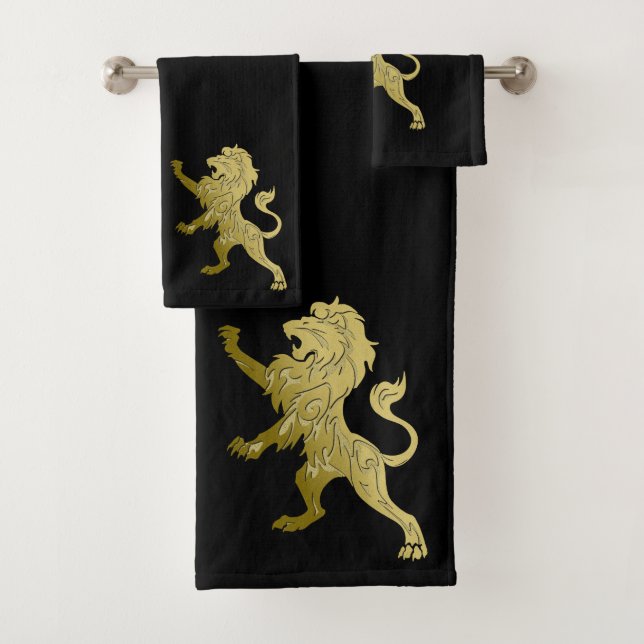 Golden Royal Lion on Black  Bath Towel Set (Insitu)