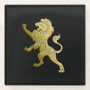 Golden Royal Lion on Black  Glass Coaster