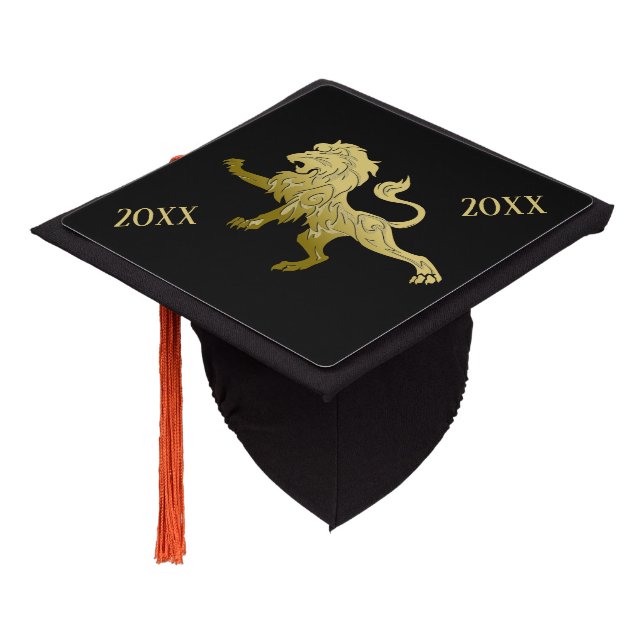 Golden Royal Lion on Black Graduation Cap Topper (Angled)