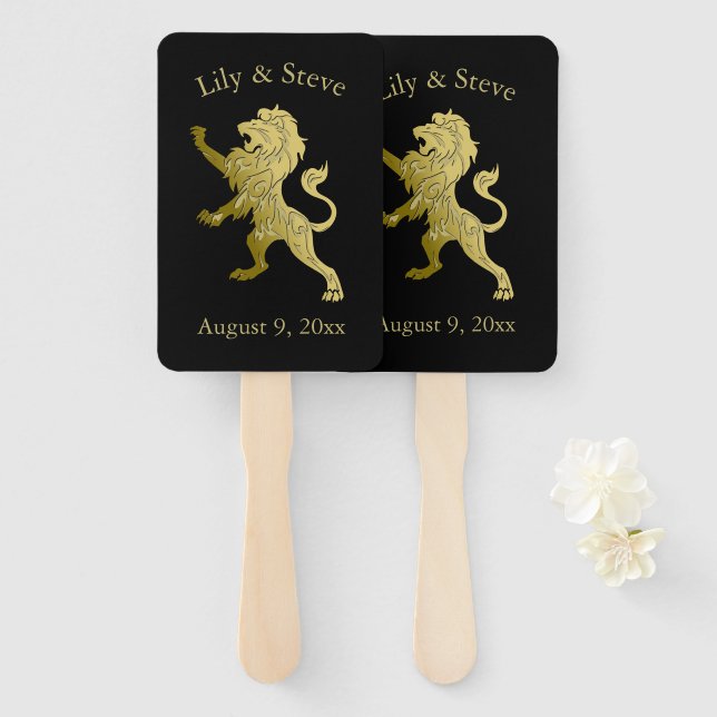 Golden Royal Lion on Black Personal Name Hand Fan (Front and Back)