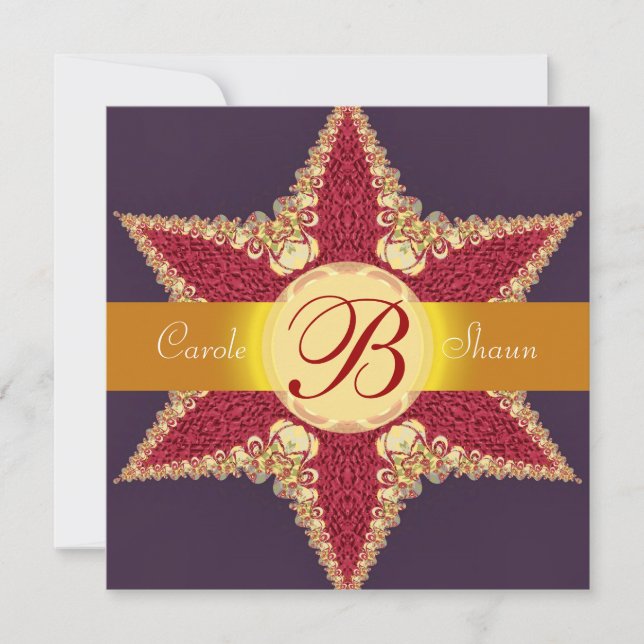 Golden Royal Red Star Monogram Wedding Invitation (Front)