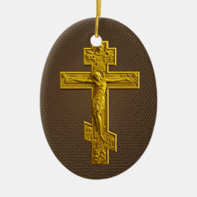 Golden Russian orthodox cross Ceramic Ornament (Front)