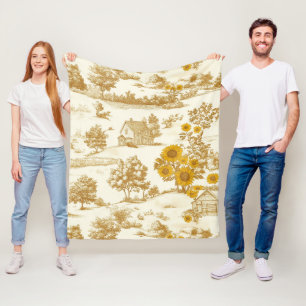 Golden Rustic Sunflower Countryside Toile Pattern Fleece Blanket
