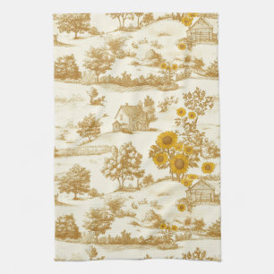 Golden Rustic Sunflower Countryside Toile Pattern Kitchen Towel