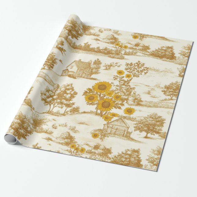 Golden Rustic Sunflower Countryside Toile Pattern Wrapping Paper (Unrolled)