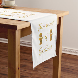 Golden Sacrament of Eucharist Host and Chalice Short Table Runner