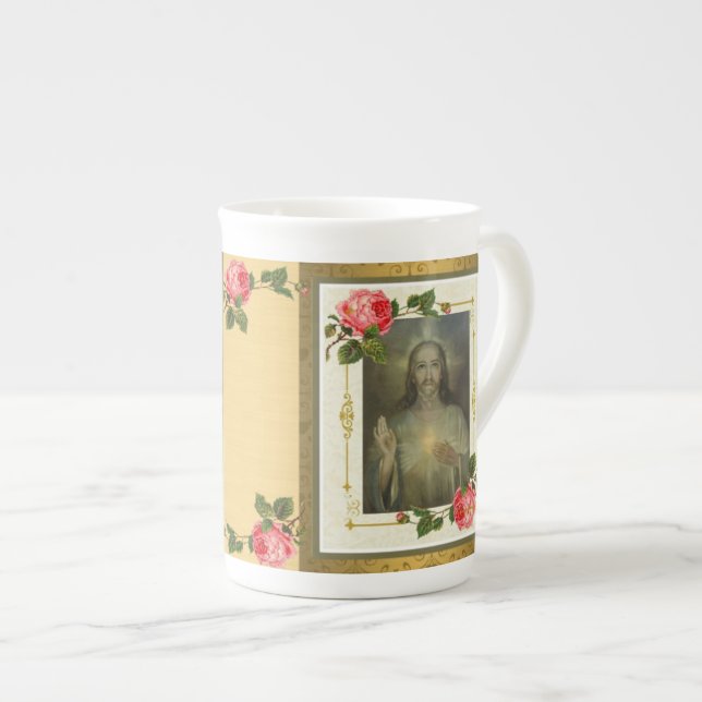 Golden Sacred Heart of Jesus Bone China Mug GIFT (Front Right)