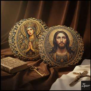 Golden Sacred Icon - Jesus Round Pillow