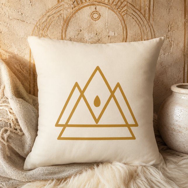 Golden Sacred Peaks Throw Pillow (Golden geometric peaks bring warm boho charm to serene farmhouse and modern living spaces.)