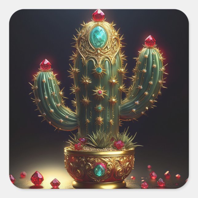 Golden Saguaro Cactus With Embedded Rubies Square Sticker (Front)
