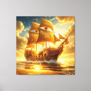 Golden Sailing Ship on Sunset Sea Canvas Print