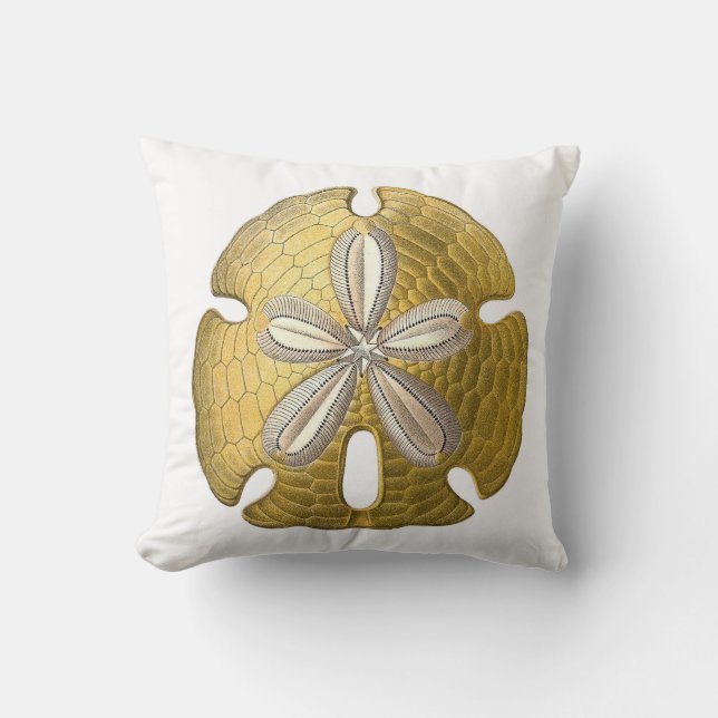 Golden Sand Dollar on White Throw Pillow. Throw Pillow (Front)