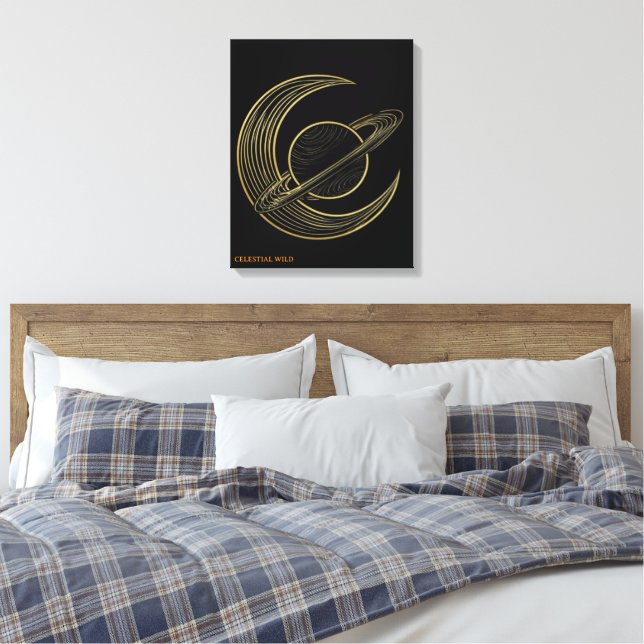 Golden Saturn Celestial Crescent Art Canvas Gift Print (Insitu(Bedroom))
