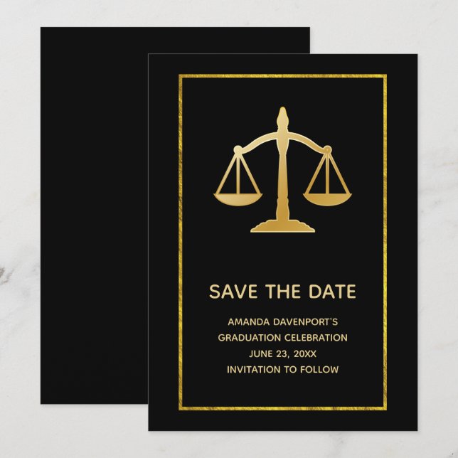 Golden Scales of Justice Law Theme Graduation Save The Date (Front/Back)