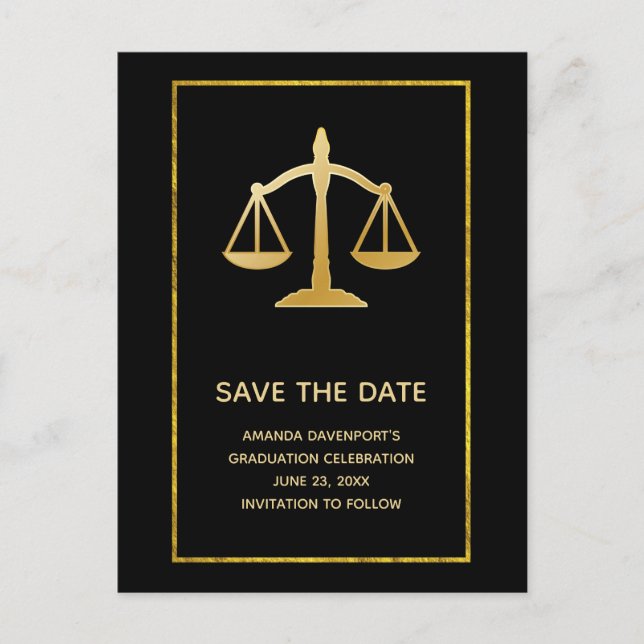 Golden Scales of Justice Law Theme Save the Date Invitation Postcard (Front)