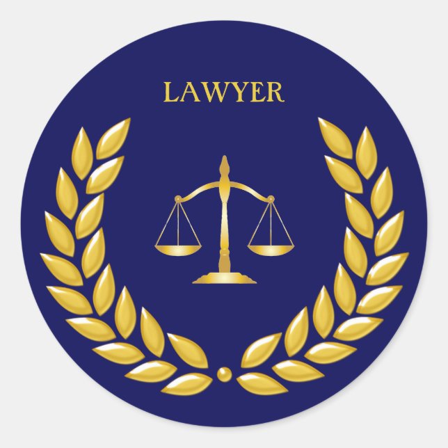 Golden Scales of Justice Lawyer on Blue Classic Round Sticker (Front)