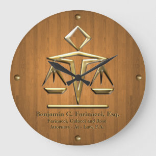 Golden Scales of Justice on Teak (Personalized) Large Clock