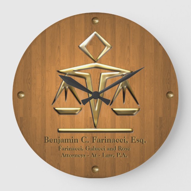 Golden Scales of Justice on Teak (Personalized) Large Clock (Front)