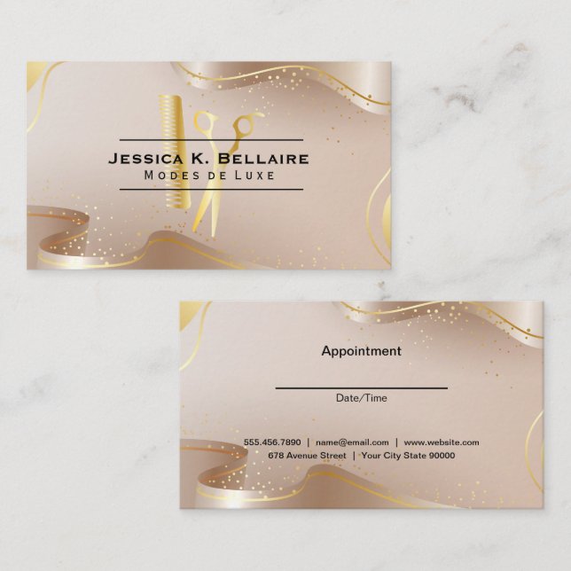 Golden Scissors and Comb | Gold Ribbon Appointment Card (Front/Back)