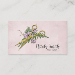 Golden Scissors and flowers Illustration Business Card
