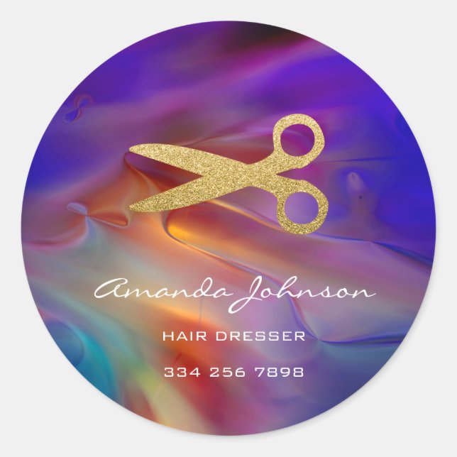 Golden Scissors Logo Hair Dresser Stylist  Glitter Classic Round Sticker (Front)