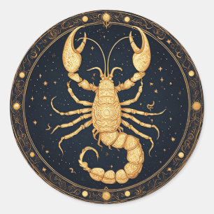 Golden Scorpion Artwork with Astrological Symbols Classic Round Sticker
