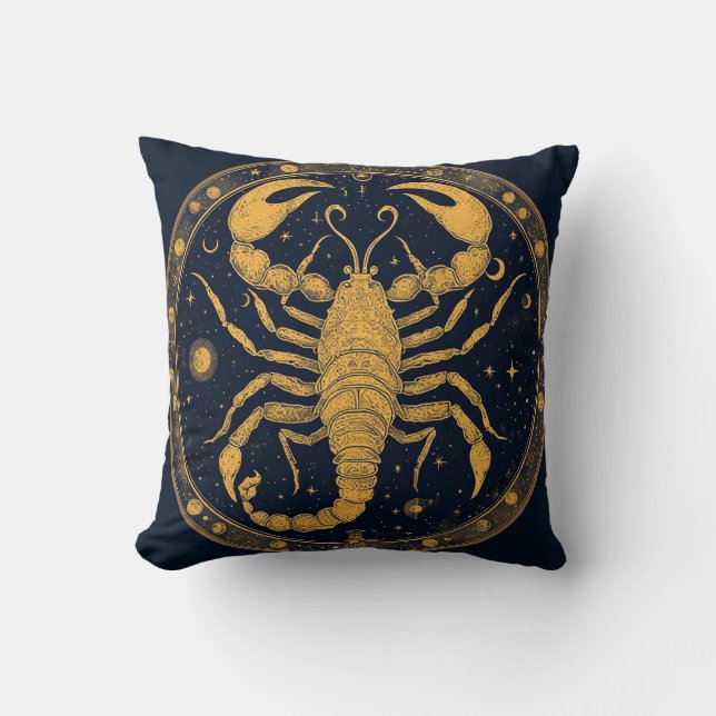 Golden Scorpion Artwork with Astrological Symbols Throw Pillow (Front)
