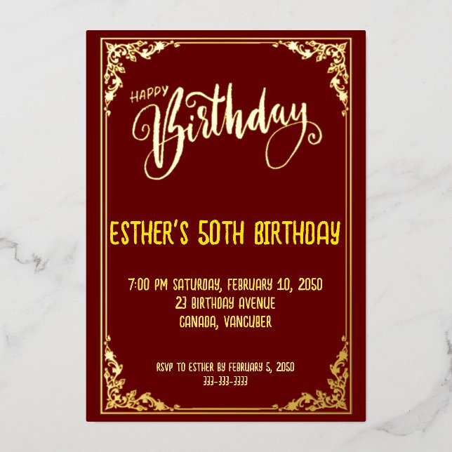 Golden Script Anniversaire Foil Invitation (Recto)