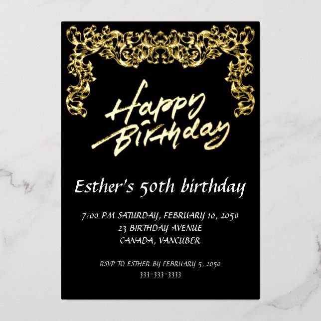 Golden Script Anniversaire Foil Invitation (Recto)