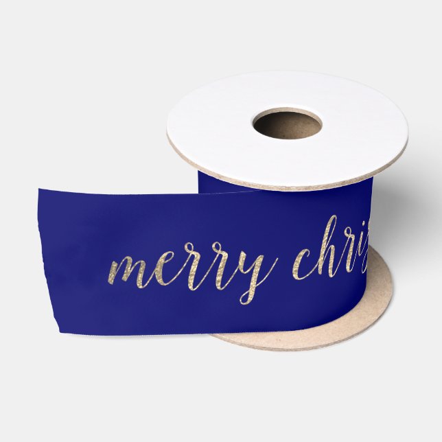 Golden Script Merry Christmas Blue Navy Satin Ribbon (Spool)