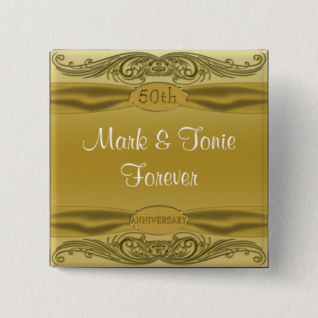 Golden Scrolls 50th Wedding Anniversary 2 Inch Square Button (Front)