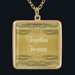 Golden Scrolls 50th Wedding Anniversary Gold Plated Necklace<br><div class="desc">Gorgeous and sophisticated golden scrollwork on a gold background and with a faux satin finish ribbon topped with a golden jewel like monogram button with the words "50th Anniversary". Just in time for your golden wedding anniversary!</div>