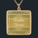 Golden Scrolls 50th Wedding Anniversary Gold Plated Necklace<br><div class="desc">Gorgeous and sophisticated golden scrollwork on a gold background and with a faux satin finish ribbon topped with a golden jewel like monogram button with the words "50th Anniversary". Just in time for your golden wedding anniversary!</div>