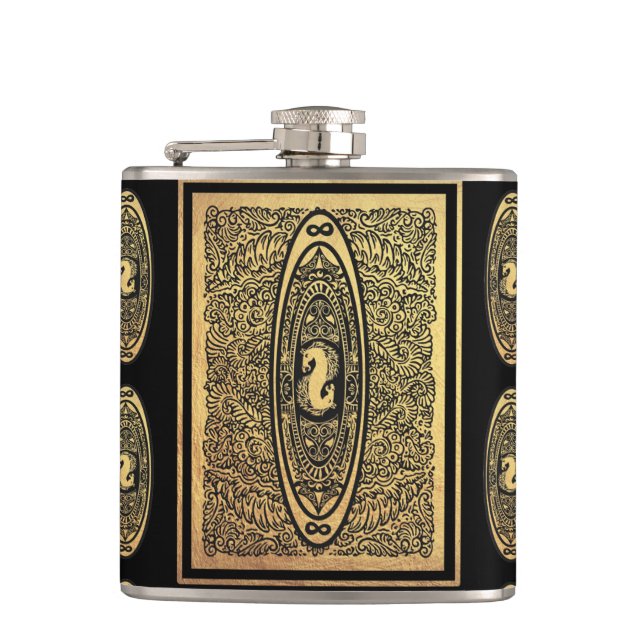 Golden Seahorse Mandala – Ornate Infinity Design Hip Flask (Front)