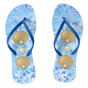 Golden Seashells & Pearls Blue Bokeh Bling Flip Flops