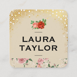 Golden Sequin Flower Pattern and Roses Square Business Card